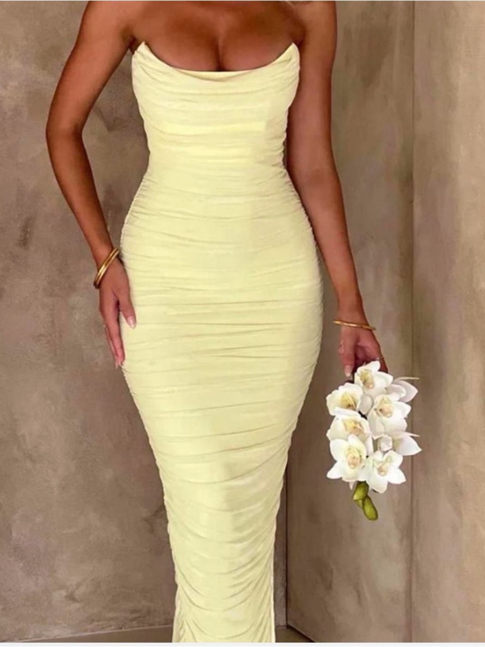 Babyboo Strapless Ruched Bodycon Dress in Pale Yellow